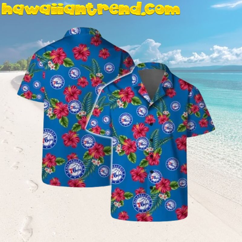 Philadelphia 76ers Tropical Hibiscus Floral Blue Theme Hawaiian Shirt